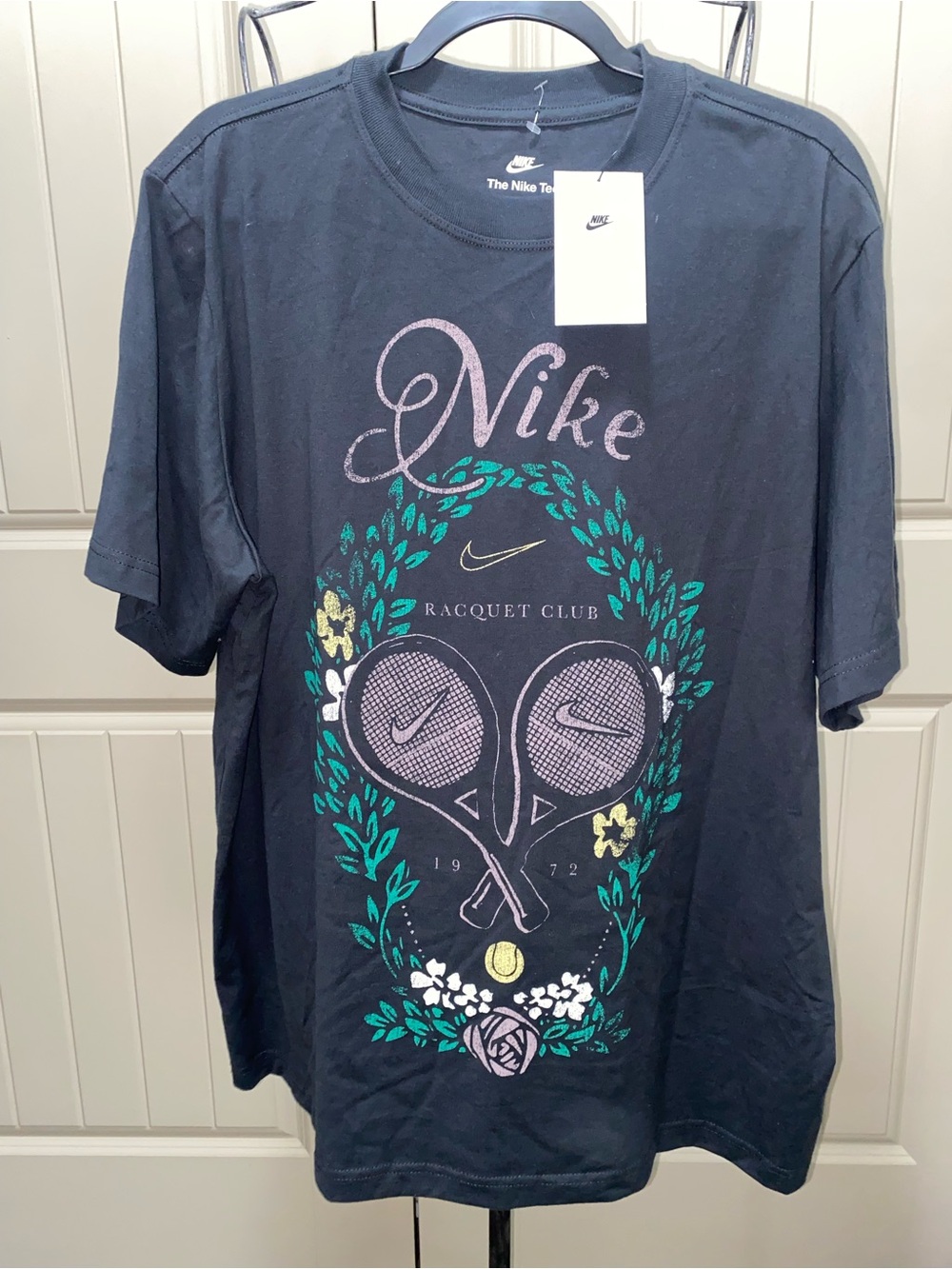 Nike Black Short-Sleeve Racquet Club Graphic Tee with Teal and Pink Accents